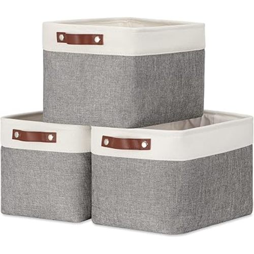 DULLEMELO Storage Baskets for Organizing, Rectangular Fabric Storage Bins Collapsible, Perfect for Shelves, Closets, Empty Gift Baskets (3-Pack Medium-15 inch X 11 inch X 9.5 inch , White&Grey)