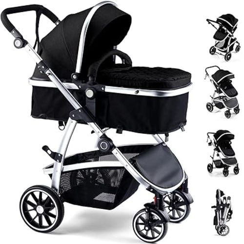 Hagaday Baby Stroller, 2-in-1 Reversible Toddler Seat with Bassinet Mode, Foldable Infant Stroller with Canopy, One Button Brake, Adjustable Handle, Newborn Pushchair(Black)
