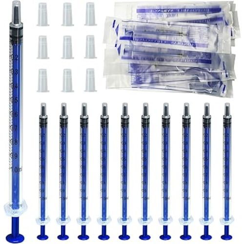 20 Pack 1ml Syringe without Needle with Cap, Sterile Individual Wrap for Scientific Labs, Feeding Pets, Liquid Measuring or Refilling Multiple Uses Tools