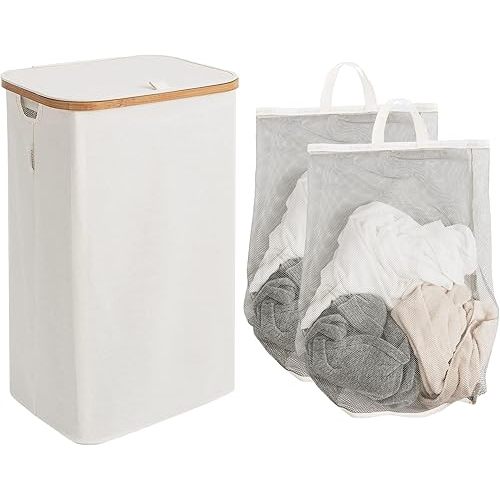 StorageWorks Large Laundry Hamper with Lid, 100L Tall Laundry Basket with Bamboo Handles and 2 Removable Inner Bag, Collapsible Laundry Hamper for Clothing, Toys, Towels, Beige, 1-Pack