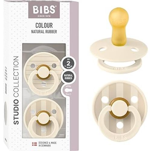 BIBS Pacifiers - Colour Studio 2 Pack | Round Nipple Baby Pacifier | BPA Free Natural Rubber Latex Soother | Made in Denmark | Size 6+ Months | Pin Ivory Vanilla