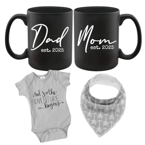 Pregnancy Gift Est 2025 - New Mommy and Daddy Est 2025 11 oz Mug Heart Set with "And So The Adventure Begin" Romper (0-3 Months) Top Mom and Dad Gift Set for New and Expecting Parents to Be