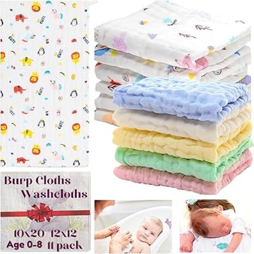 Baby Muslin Washcloths Burp Cloths Rags Towels Large Newborn Essentials Baby Registry Search 100% Cotton 6 Layered Muslin 11 Pack 10"x20" and 12"x12" for Boys & Girls Gift Set