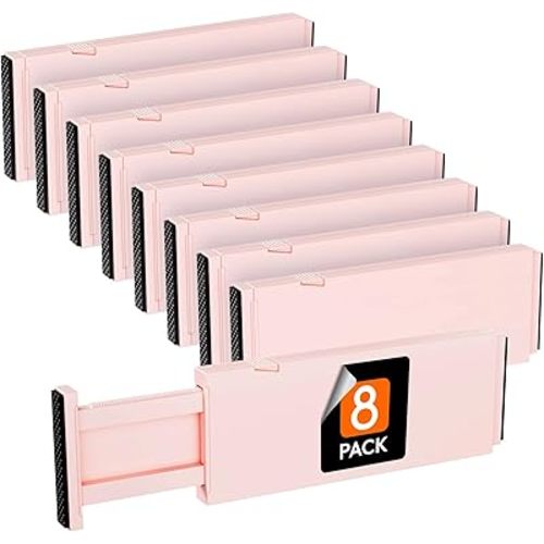Lifewit 8 Pack Drawer Dividers 4" High, 11-17" Adjustable Dresser Drawer Organizers for Clothes, Expandable Dresser Separators in Bedroom/Bathroom/Kitchen/Vanity/Office Organization and Storage, Pink