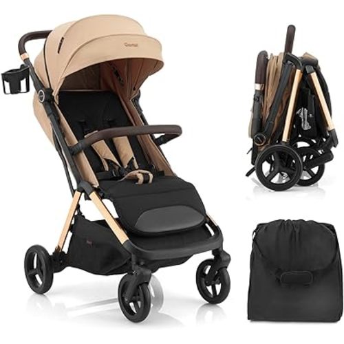 Gromast 2 in 1 Baby Stroller, Portable Travel Newborn Toddler Stroller with Cup Holder & UPF 50+ Canopy, One-Hand Automatic Folding - Khaki