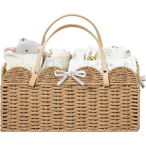 HBlife Large Baby Diaper Caddy, Paper Rope Scalloped Storage Baskets Nursery Bin with Removable Divider, Portable Car Organizer for Diapers, Baby Shower Gifts, Newborn Essentials Must Haves, Brown