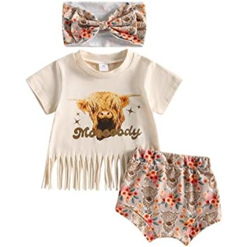 Fernvia Western Toddler Baby Girl Clothes Letter Short Sleeve T-Shirt Top + Tassel Shorts Outfits + Headband 3Pcs Set