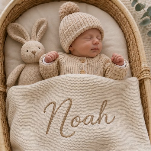 Personalized Embroidered Baby Name Blanket – Soft Cotton Knit Newborn Blanket, Baby Shower Gift