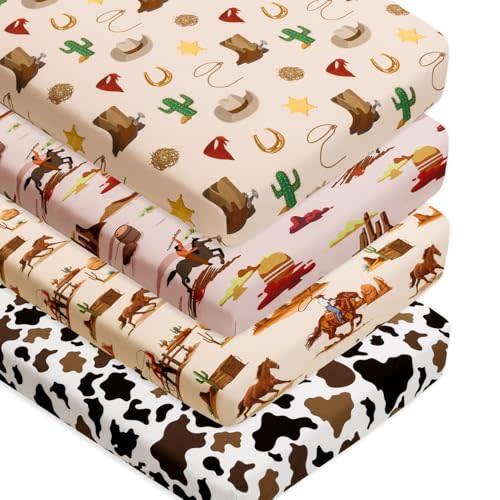 4 Pack Western Cowboy Crib Sheets Neutral Breathable Fitted Baby Sheets Nursery Sheets for Baby Boys or Girls (Crib Sheet)