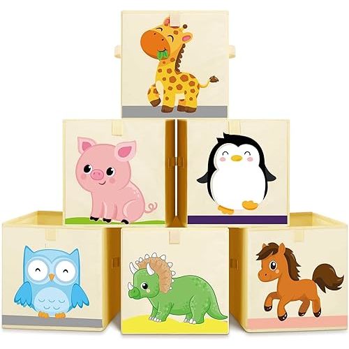 Kigley 6 Pcs Collapsible Cube Storage Bins Kids Foldable Storage Cube Organizer Fabric Toy Box Decorative Kids with Handles for Home Nursery Bedroom, 10.6 x 10.6 Inch(Cute Animal)