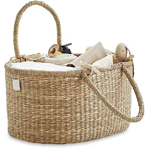 BEBE BASK Baby Diaper Caddy Organizer in Organic Seagrass w Removable Divider - Luxury Diaper Caddy Basket Makes The Perfect Cute Diaper Caddy for Baby Girl & Diaper Caddy for Baby Boy