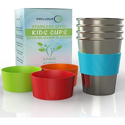 Stainless Steel Cups for Kids and Toddlers 8 oz. with Silicone Sleeves - Small Metal Cups for Home & Outdoor Activities, BPA Free Healthy Unbreakable Premium Metal Drinking Glasses (4-Pack)