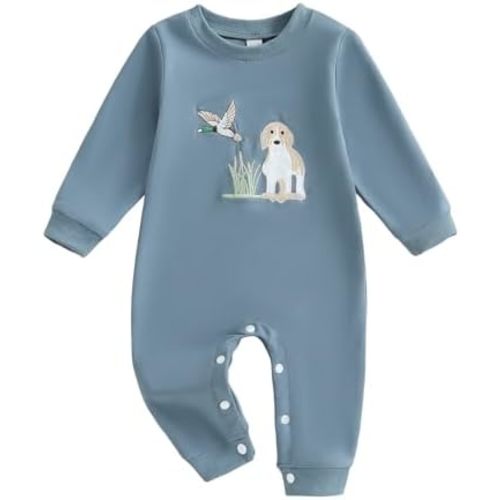 SAYOO Infant Baby Boy Girl Mallard Duck Romper Jumpsuit Green Duck Embroidery One Piece Waffle Overalls Hunting Baby Clothes