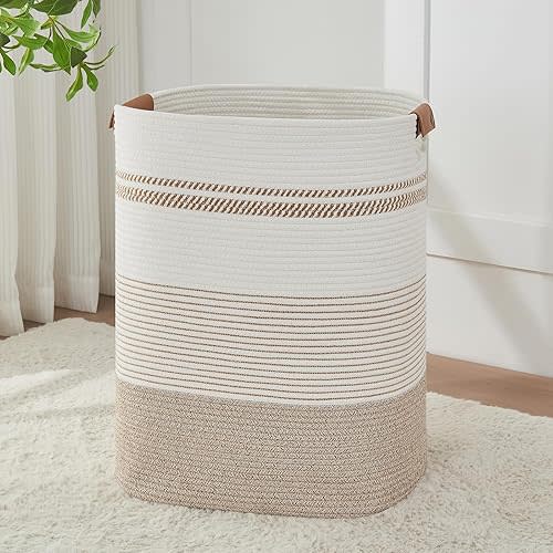 AINUOQI Laundry Basket with Handles - Blanket Basket & Hampers for Bedroom Aesthetic, Laundry Hamper & Blanket Storage for Living Room, Clothes Hamper, Tall, Large 17" x 14" x 22”, Light Brown & White
