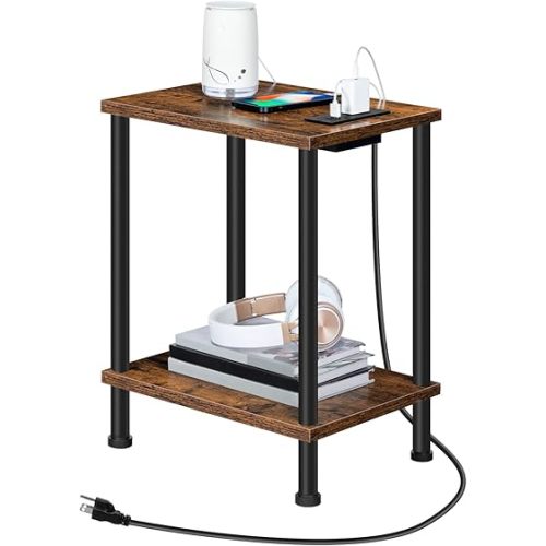 HOOBRO Side/End Table with Charging Station, USB Ports and Outlet, Nightstand with 2-Layer Storage Shelves for Small Spaces, Living Room, Bedroom, Stable Frame, Rustic Brown BF09UBZ01