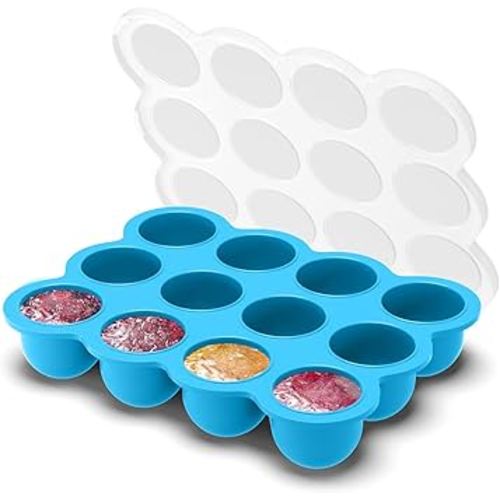 Samuelworld Baby Food Storage Container, 12 Portions x 2.5oz - BPA Free Silicone Freezer Tray with Clip-On Lid for Breast Milk Storage, Homemade Baby Food, Vegetable & Fruit Purees - Blue