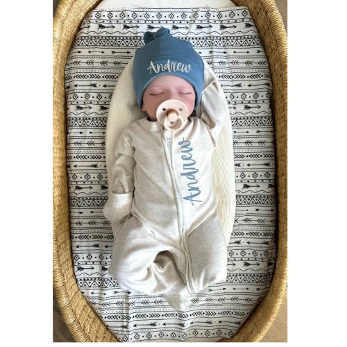 Baby Boy Coming Home Outfit, Zippered Oatmeal Sleeper, Personalized oatmeal vintage romper with hat, custom gender baby boy coming home