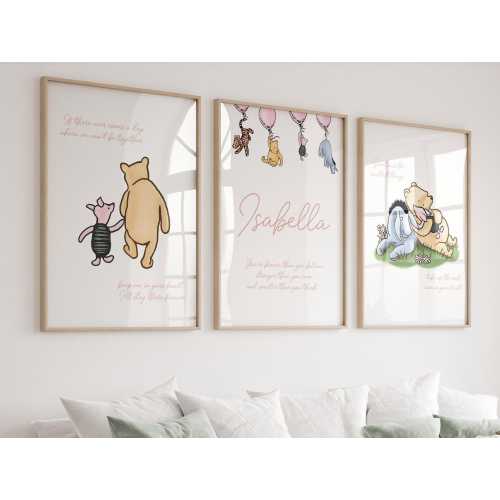Winnie The Pooh Baby Girl set of prints, winnie the pooh girl decor, Classic Pooh Baby Decor Wall Art, New Baby, Digital, Printable, Framed