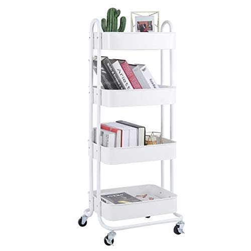 Melody House 4-Tier Metal Mesh Utility Rolling Cart Storage Organizer Shelf Rack with Lockable Wheels for Living Room Kitchen Office, White