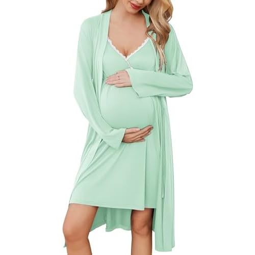 Ekouaer Womens Maternity Nursing Gown and Robe Set Labor Delivery Nuring Nightgowns for Hospital Breastfeeding Robes