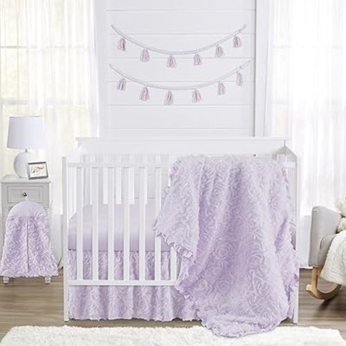 Sweet Jojo Designs Purple Floral Rose Baby Girl Nursery Crib Bedding Set - 4 pieces - Solid Light Lavender Flower Luxurious Elegant Princess Vintage Boho Shabby Chic Luxury Glam High End Ruffle Roses