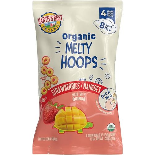 Earth's Best Organic Melty Hoops, Bite-Sized Snacks for Babies 8 Months and Up, Strawberry and Mango, 0.32 Ounce Individual Bags (Pack of 4)