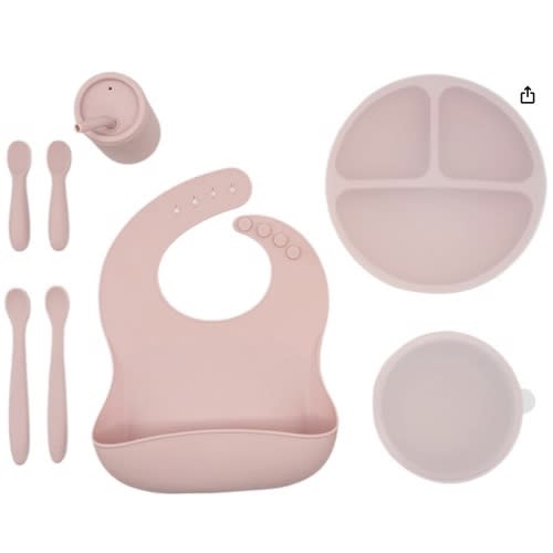 WeeSprout Baby Led Weaning Bundle, Silicone Suction Bowl, Spoons, Bib & Cup, Develops Self Feeding Skills, Dishwasher Safe (Purple)