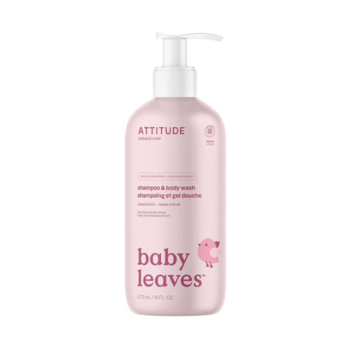 ATTITUDE 2-in-1 Shampoo and Body Wash for Baby, Fragrance-Free EWG Hypoallergenic Plant- and Mineral-Based Ingredients, Vegan and Cruelty-Free, Unscented, 16 Fl Oz