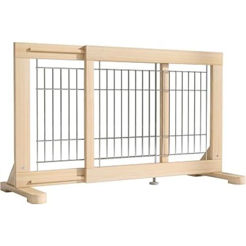 Yocan Natural Wooden Free-Standing Retractable Dog Gate Indoor,Pet Gate for Stair doorways,Suitable for Puppies or Midium Size Dogs Retractable Width 23.6”-45.2“ (Wood, 2 Panel 19.6")
