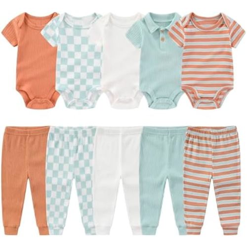 Newborn Baby Layette Gift Set 10-Piece Baby Boy Girl Short Sleeve Bodysuits with Pants Infant Outfit Essentials