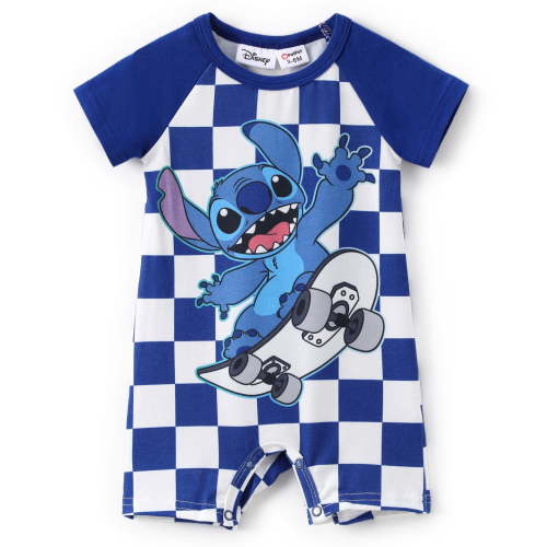 Disney Stitch Baby Boy Girl Romper Short Sleeve Skateboard Plaid One-piece Outfit Newborn Infant