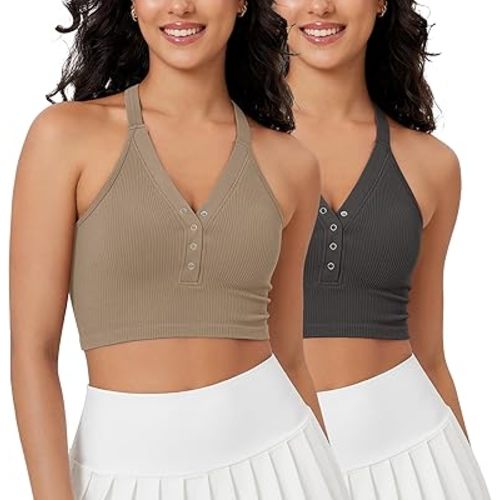 ODODOS 2-Pack Seamless Henley Crop for Women Open Back Ribbed Tank Button-up Cropped Top