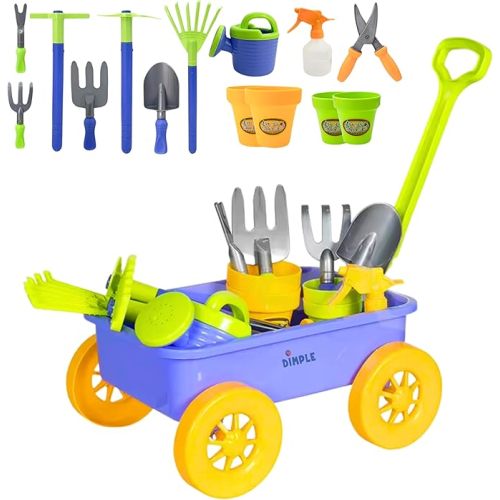 Dimple Garden Wagon & Tools Toy Set, Kids Gardening Set - 15 Pcs Outdoor Toys for Toddlers 1-3, Sand Toys - Sturdy & Durable - Top Yd, Beach, Sand, Garden Play Set for Kids & Toddler Gardening Tools