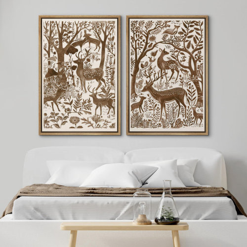 wall26 Watercolor Brown Deer In the Forest Animal Botanical Rustic Wall Art Framed 2 Pieces Canvas Print & Reviews | Wayfair