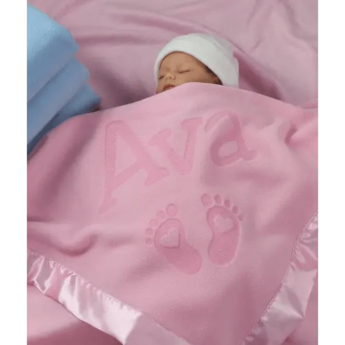 Custom Catch Personalized Newborn Gift Baby Blanket for Girl - Name with Infant Heart Feet Design - Pink or Blue (1 Line Text)