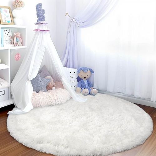 LOVEVOOK Round 5 Feet Fluffy Area Rug - Super Soft Circle Rugs for Kids Room - Cream White Shaggy Rugs for Nursery Fuzzy Carpet for Boys Girls Room