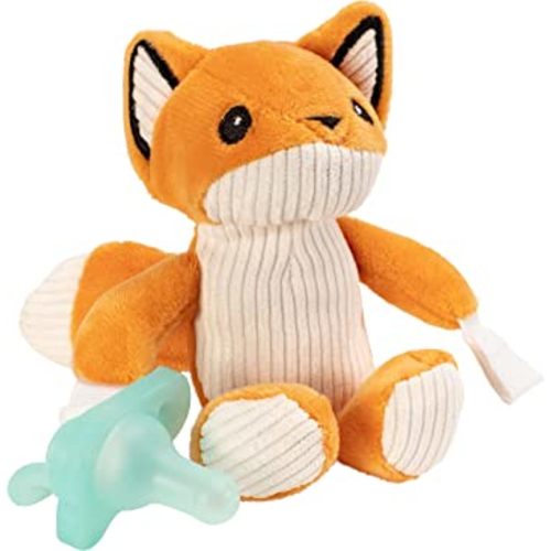 Dr. Brown's Baby Lovey Pacifier Holder & Teether Clip, Soft Plush Stuffed Animal Fox Pacifier Tether with Teal HappyPaci, 100% Silicone, 0-12m