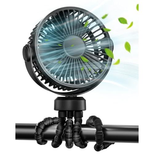 Stroller Fan, Battery Operated Clip On Portable Fan, 360°Rotate USB Rechargeable Personal Desk Fan, 3 Adjustable Wind speed, Detachable Twistable Tripod for Baby Stroller, Cot, Car Seat,Treadmill