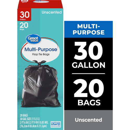 Great Value 30-Gallon Large Flap Tie Trash Bags, 20 Bags