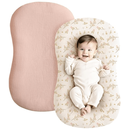 Konssy Muslin Baby Lounger Cover 2 Pack, 100% Cotton Newborn Lounger Cover, Soft and Breathable Baby Nest Slipcover for Boys Girls (Pink, Floral)