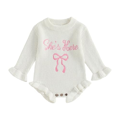 Baby Girls Knitted Romper Embroidery Bow Letters SHE is HERE Ruffled Sweater Winter Newborn Infant Clothes
