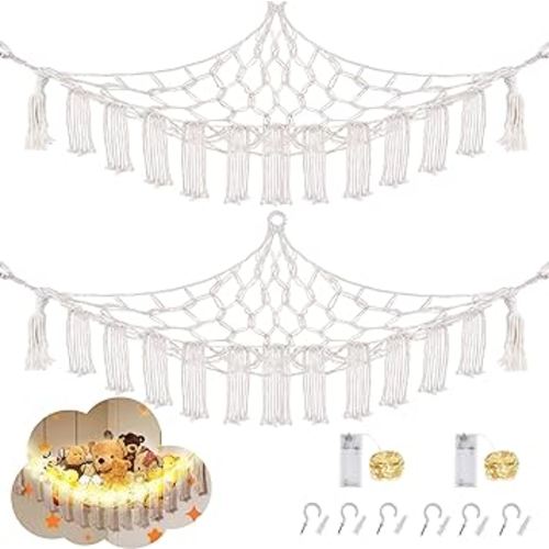 Stuffed Animal Hammock with LED Light, 2 Pack Toy Hammock for Stuffed Animals Storage for Kids, Stuffed Animal Hammock Corner, White