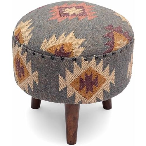 Handmade Kilim Jute Pouf Ottomans Wooden Seating Stool for Living Room, Bedroom (16" D x 16" W x 16" H) (Grey)