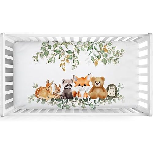 Woodland Animals Eucalyptus Leaves Baby Crib Sheets 52''x28'' Bear Raccoon Fox Deer Rabbit Hedgehog Stretchy Fitted Crib Mattress Sheet for Boy Girl Soft Bed Sheets for Standard Crib Toddler Mattress