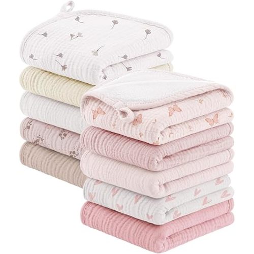 Bearmoss 10 Pack Muslin Burp Cloths, Soft Absorbent Baby Burping Cloths for Unisex Boys and Girls, Newborn Essentials Large Extra Washcloths, 20x10 inches