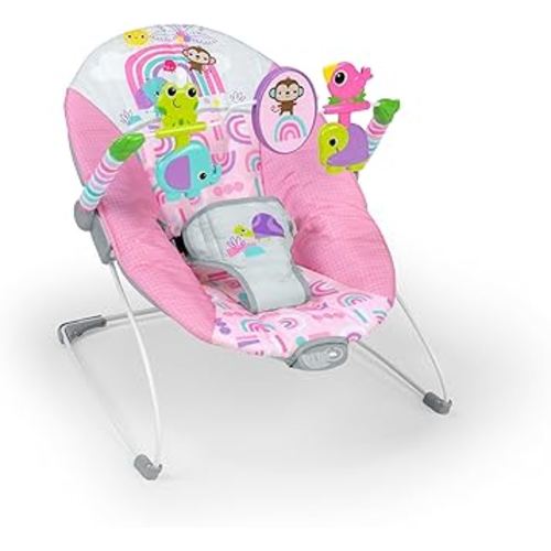 Bright Starts Pink Paradise Portable Baby Bouncer with Vibrating Infant Seat and -Toy Bar, Max Weight 20 lbs., Age 0-6 Months