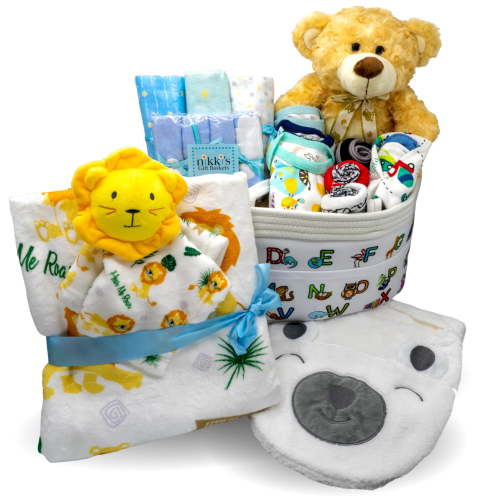 Joyful Arrival Deluxe Baby Boy Gift Basket, 20-Piece Premium New Baby Essentials Canvas Diaper Tote, Baby Gift Set for Expecting Moms Baby Showers