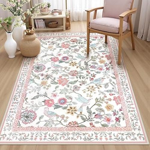 Washable Floral Area Rug, 4x6 Pink Girls Bedroom Rug Soft Non-Slip Botanical Living Room Rugs, Ultra Thin Modern Boho Flower Birds Throw Carpet for Kitchen Entryway Nursery Foyer