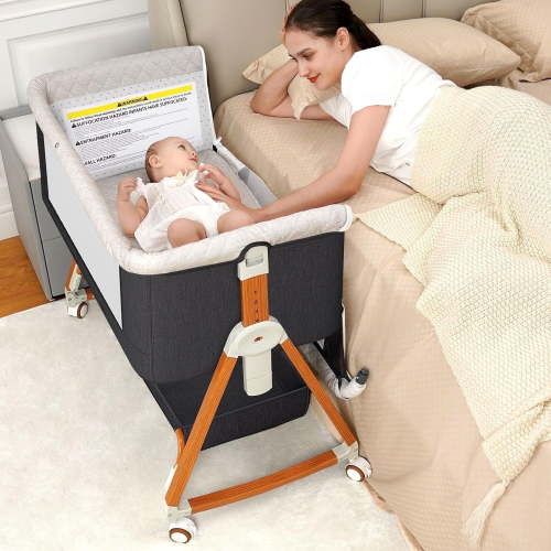 kmaier Baby Bassinet,3 in 1 Foldable Portable Crib,6 Adjustable Height,with Wheels,Dark Gray