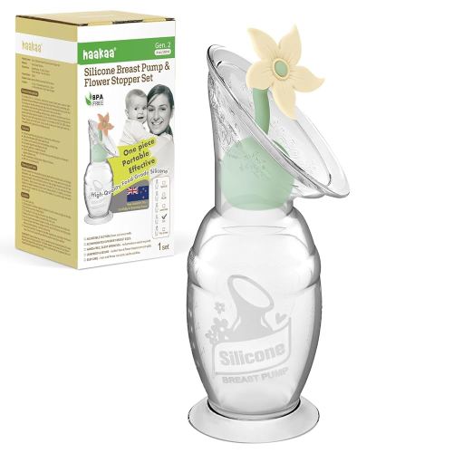 haakaa Manual Breast Pump with Flower Stopper Set, Gen.2 Silicone Hand Pump with Suction Base, BPA Free (4oz/100ml, Oat)